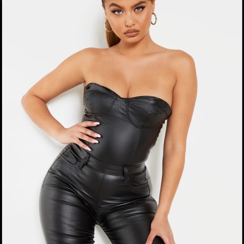 Black Bandeau Coated Jumpsuit - Picture 2 of 6